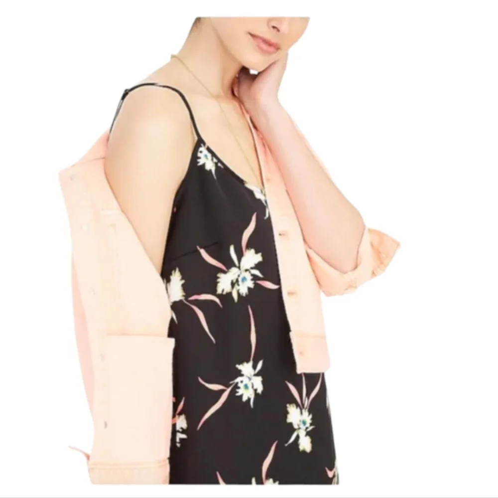 J. Crew Black Floral Kalalau Orchid Slip Midi Dress - Side Slits Size Large - Picture 4 of 9